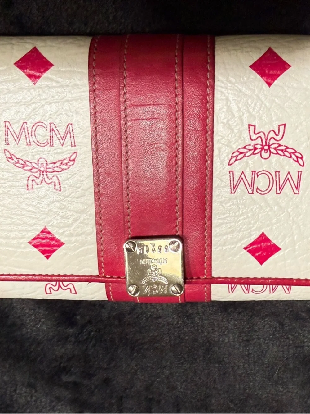 MCM White and Pink Logo Printed Wallet with Gold Hardware